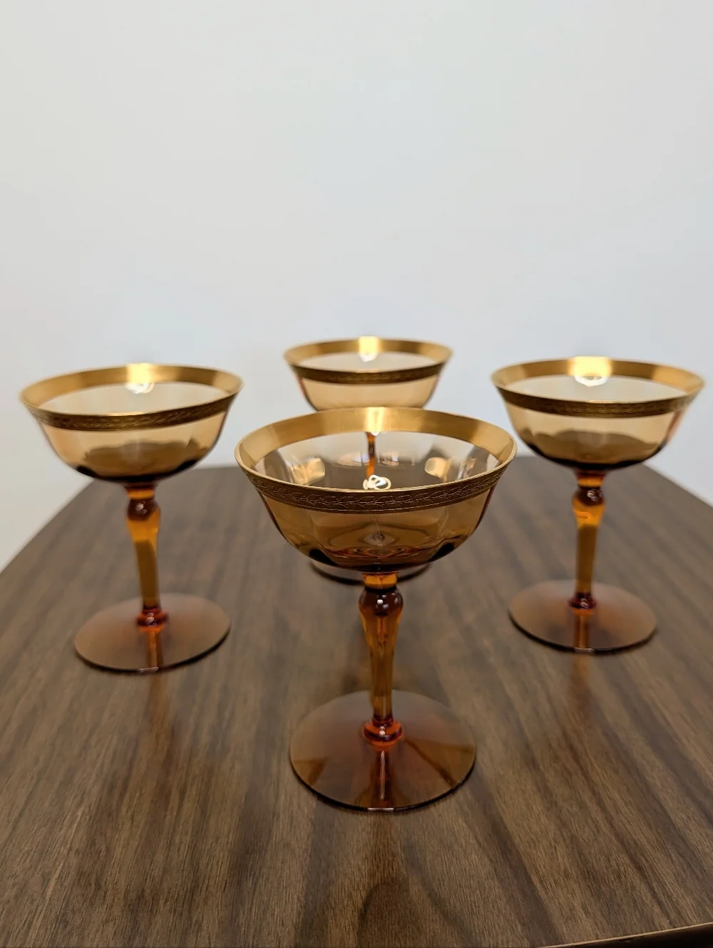 Vintage Amber Glass Gold Rim With Laurel Leaf Pattern Champagne Glasses Set Of 4